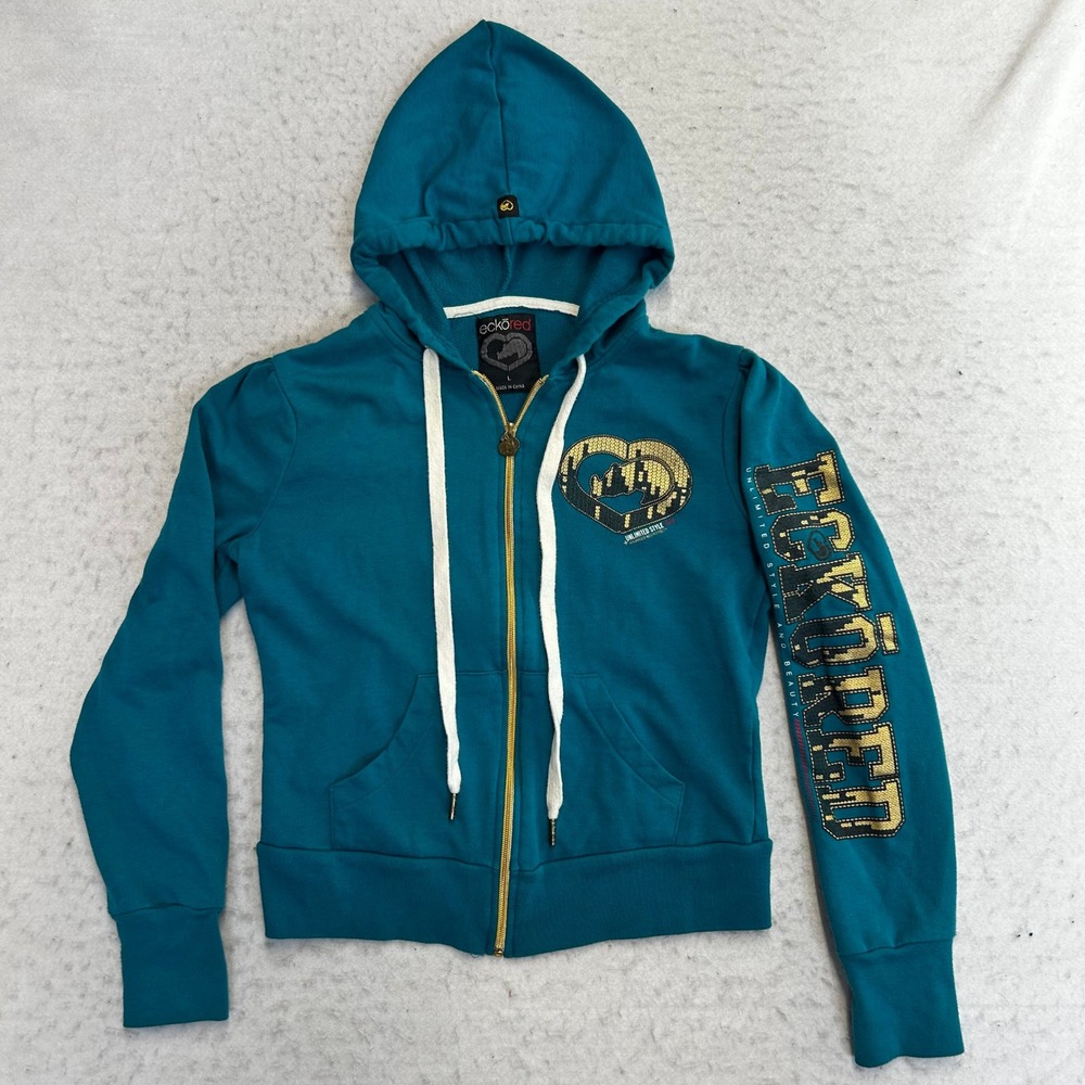 Ecko Red Full Zip Hoodie Womens L Teal Gold Sequin Graphic Y2K